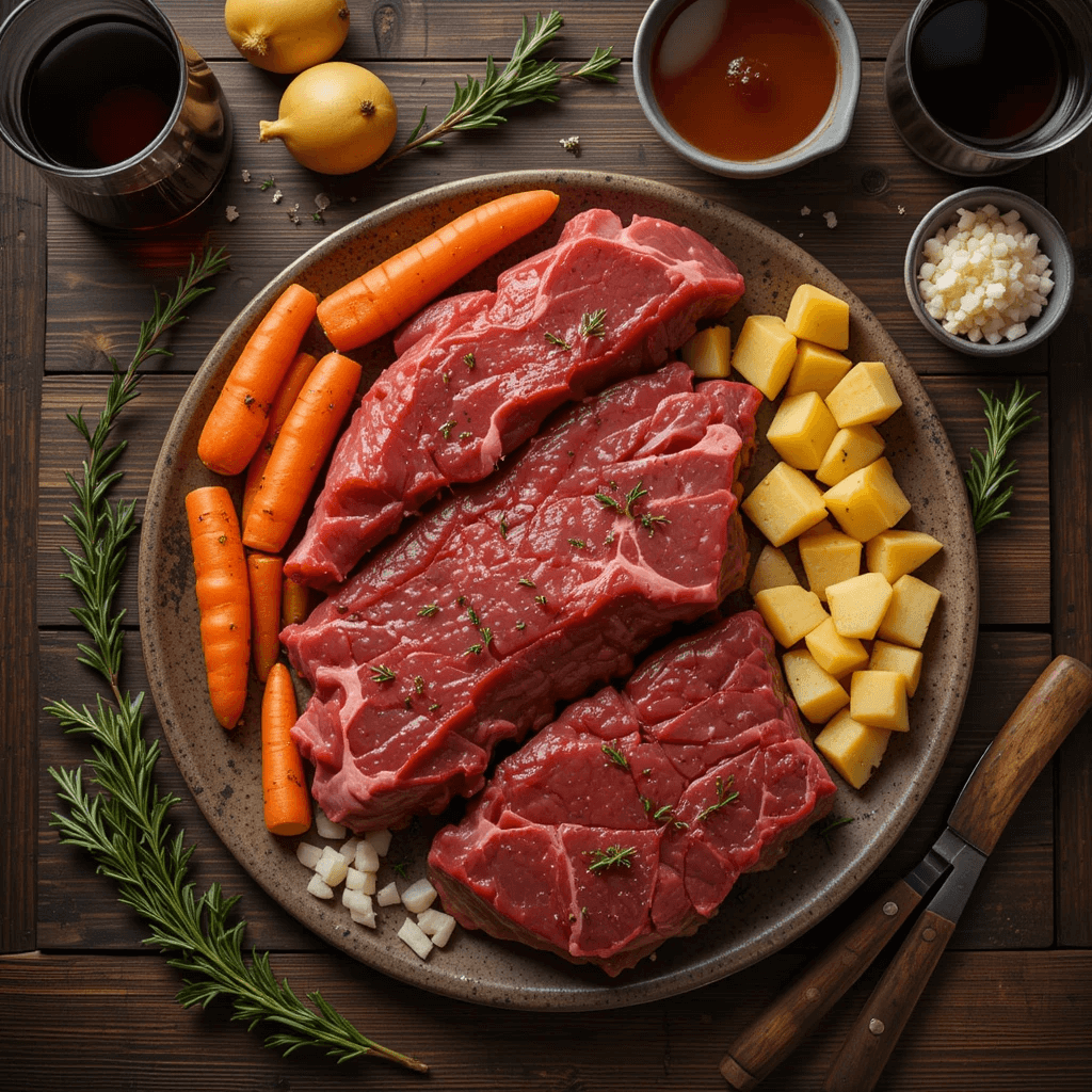 Essential ingredients for beef stew in a crock pot, including raw beef cubes, carrots, potatoes, onions, garlic, beef broth, and fresh herbs on a wooden table.