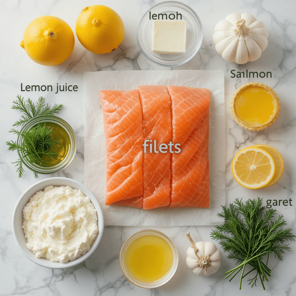 Fresh salmon fillets, cream cheese, lemon juice, garlic, and dill arranged on a wooden countertop, ready for a creamy salmon recipe.