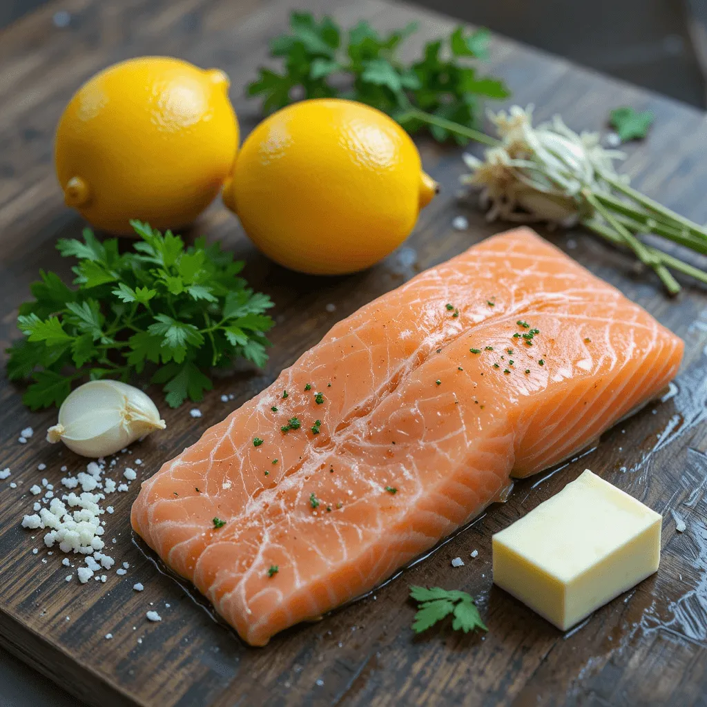 The key ingredients for lemon butter salmon: wild-caught salmon fillet, fresh lemon slices, garlic, parsley, and unsalted butter, beautifully arranged on a rustic wooden surface.