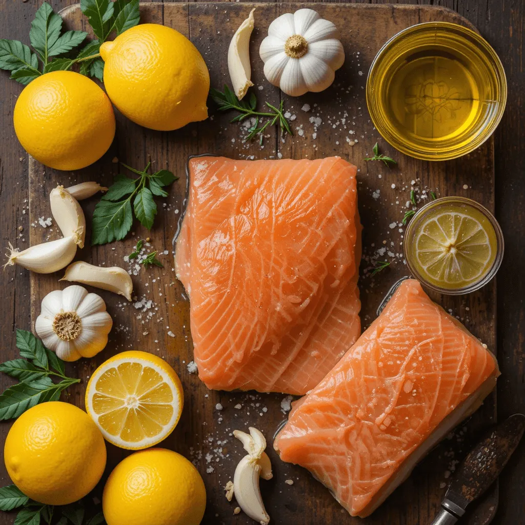 Fresh ingredients for a lemon garlic salmon recipe, including salmon fillets, lemons, garlic cloves, and olive oil, arranged on a rustic wooden surface.