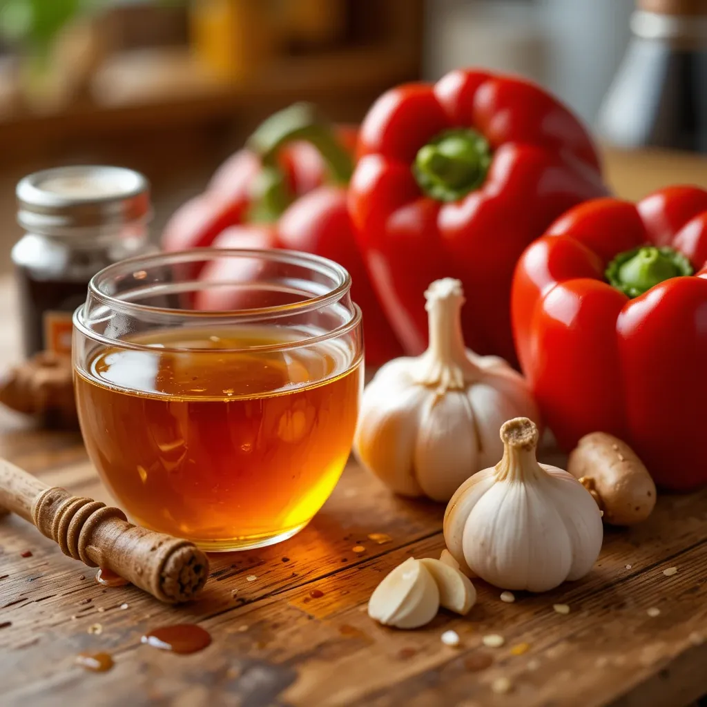 A beautifully arranged set of sweet and sour sauce ingredients, including honey, vinegar, soy sauce, ketchup, fresh garlic, ginger, and red bell peppers on a rustic wooden countertop.