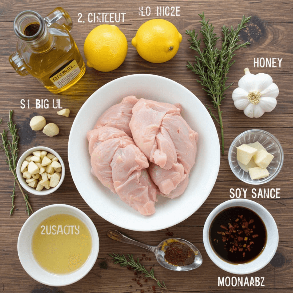 Essential ingredients for a simple chicken thigh marinade: olive oil, lemon juice, garlic, thyme, rosemary, honey, Dijon mustard, soy sauce, and red pepper flakes.