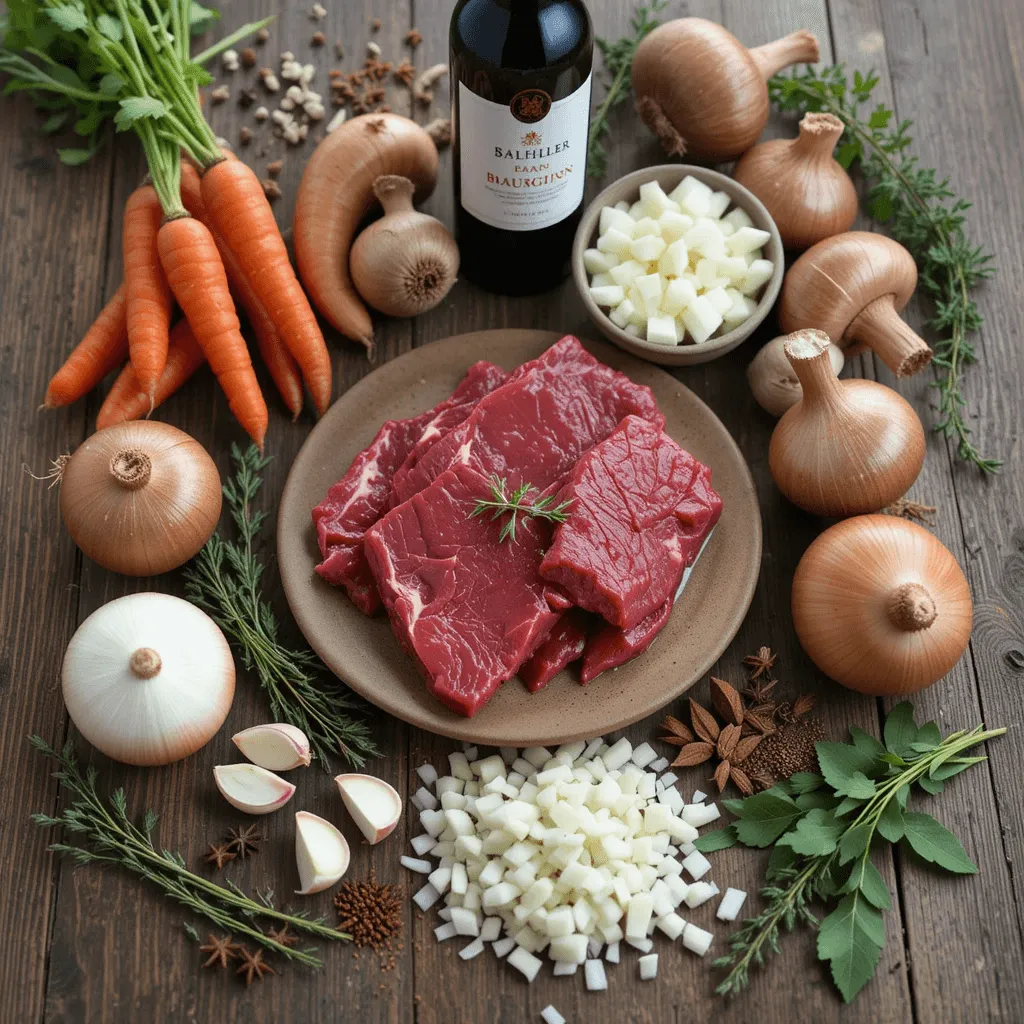 Rustic wooden table with fresh ingredients for beef bourguignon: marbled beef chunks, carrots, mushrooms, onions, garlic, thyme, bay leaves, and red wine.