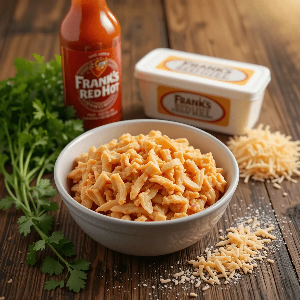 Rustic wooden table with buffalo chicken dip ingredients, including shredded chicken, Frank's RedHot sauce, cream cheese, parsley, and shredded cheddar.