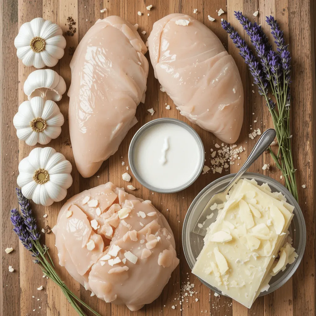 Fresh ingredients for Creamy Garlic Chicken, including chicken breasts, garlic, heavy cream, Parmesan cheese, butter, and fresh lavender, arranged on a rustic wooden board.