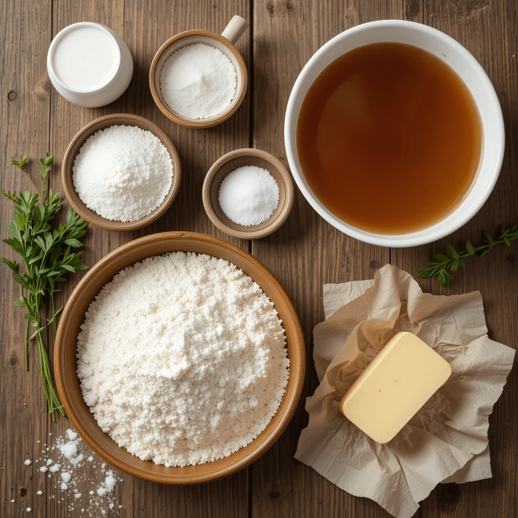 Essential ingredients for homemade chicken and dumplings, including flour, butter, milk, chicken broth, and fresh herbs, arranged on a rustic wooden table.