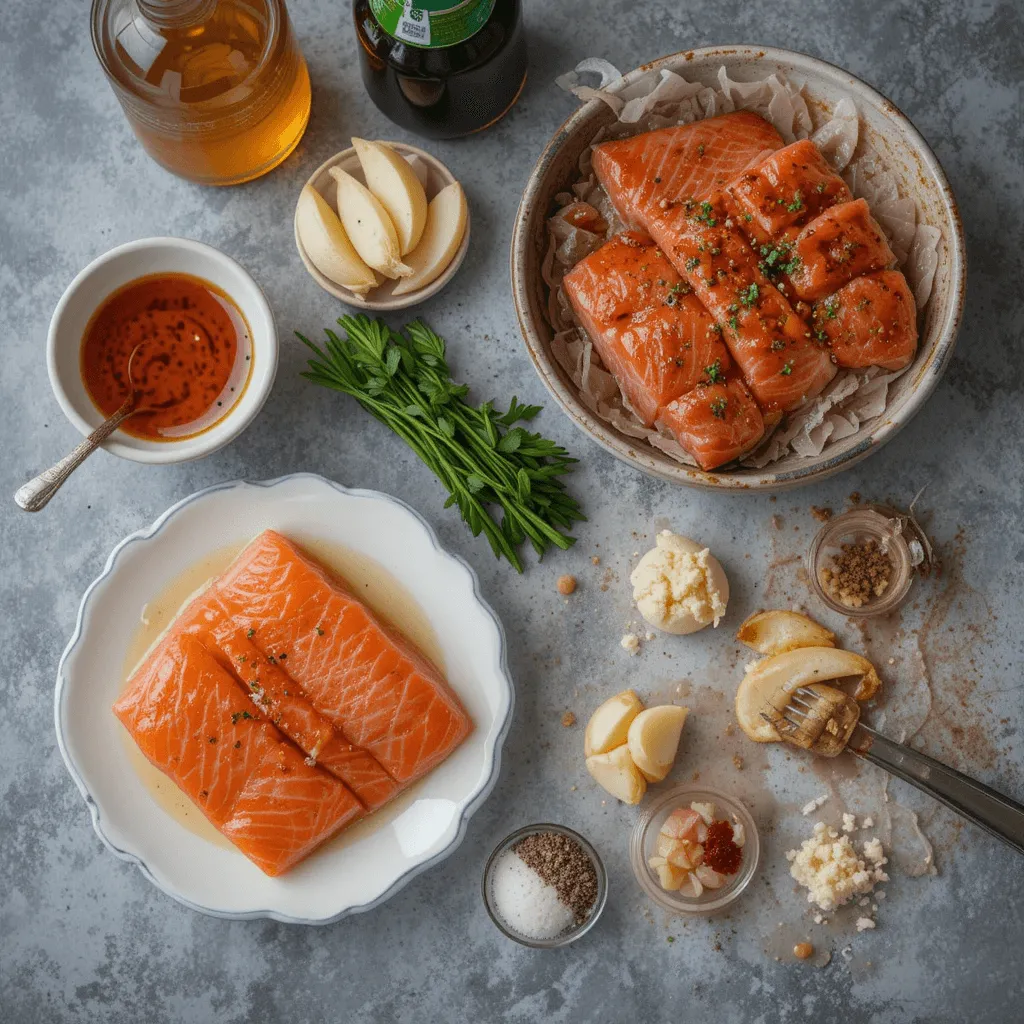 Essential ingredients for honey garlic glazed salmon, including fresh salmon, honey, garlic, and soy sauce.