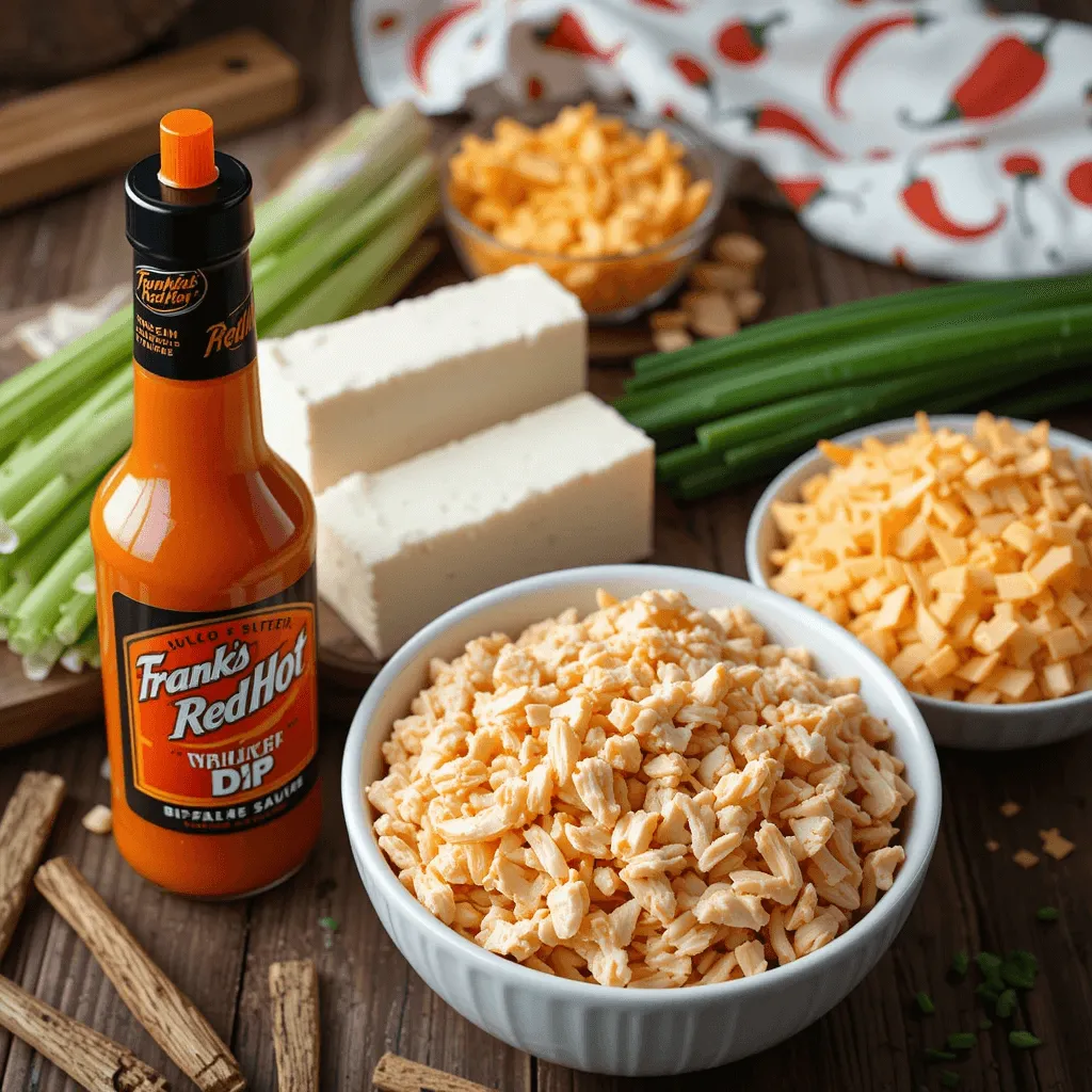 Essential ingredients for Frank's RedHot Buffalo Chicken Dip, including shredded chicken, cream cheese, Frank’s RedHot sauce, cheddar cheese, and green onions, arranged on a wooden board.