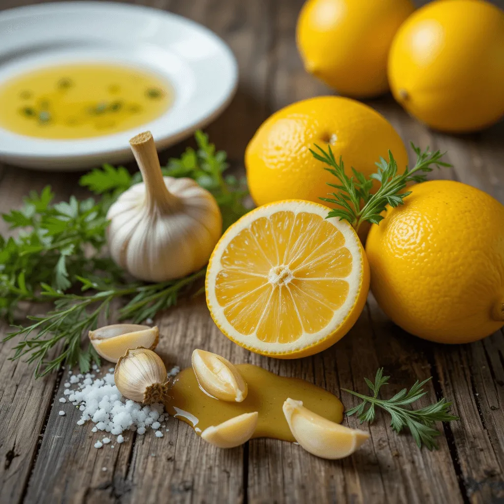 Fresh lemons, garlic, parsley, and olive oil for making a delicious citrus sauce.