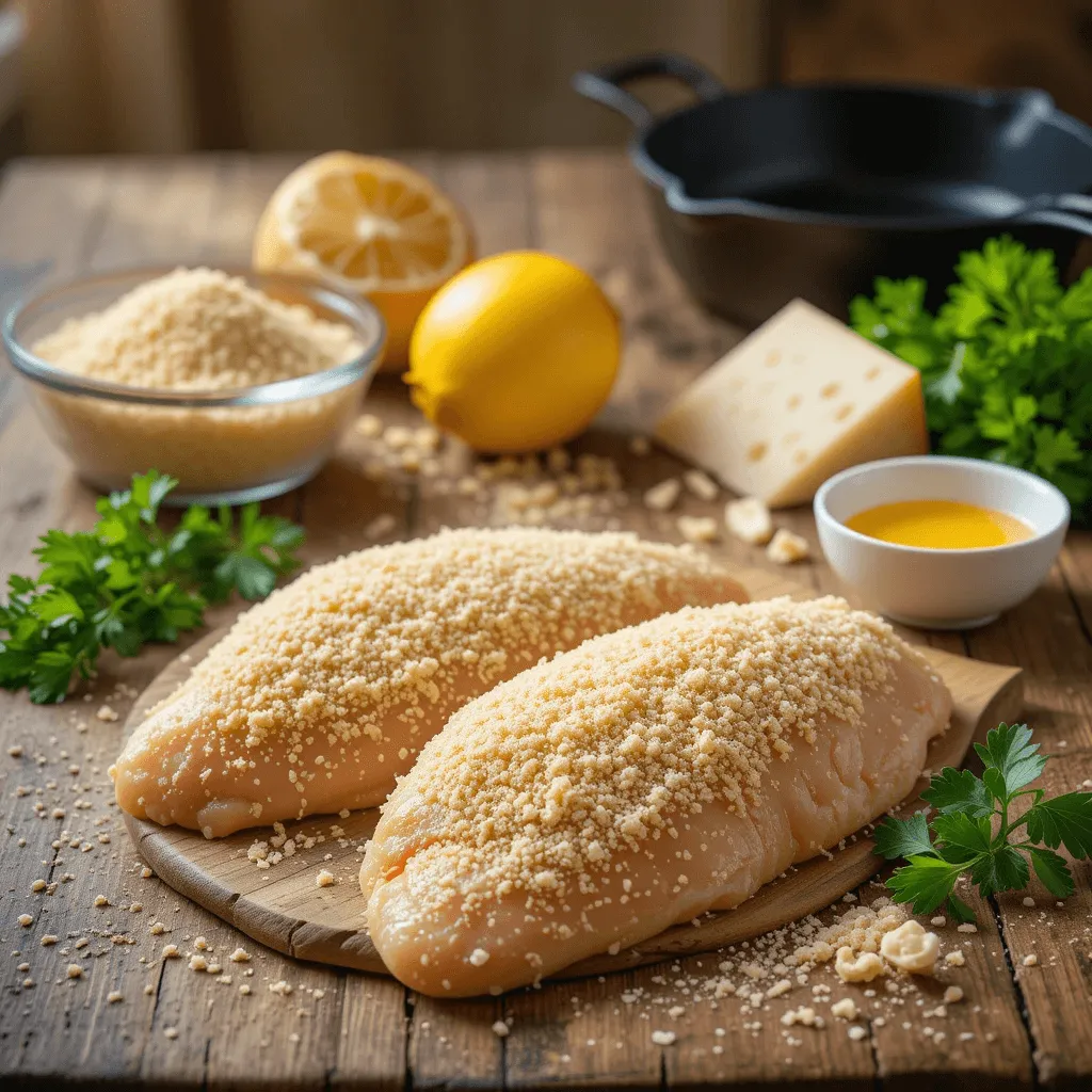 Plated parmesan chicken with crispy breadcrumbs, tender chicken cutlets, and freshly shredded parmesan cheese, highlighting key ingredients.