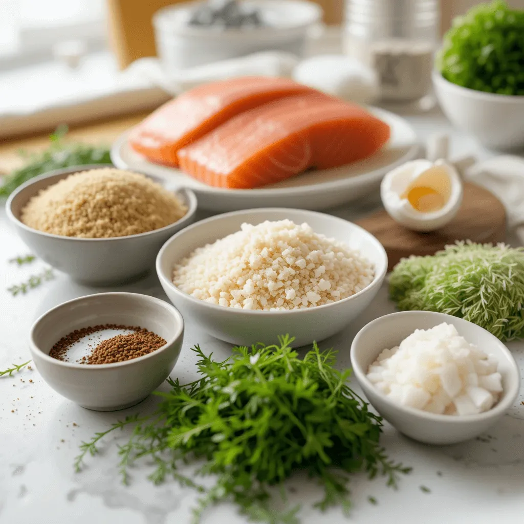 Fresh ingredients for making salmon burgers, including wild-caught salmon fillets, breadcrumbs, egg, onion, seasonings, and fresh herbs like dill.