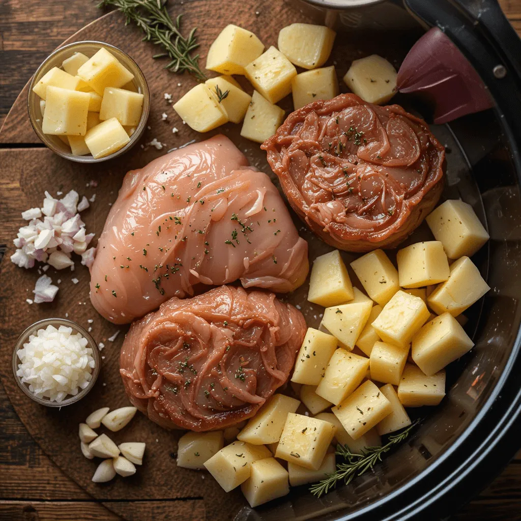 Fresh ingredients for a slow cooker meal: boneless chicken breast, cubed Russet potatoes, chopped onion, minced garlic, and dried herbs on a rustic wooden surface.