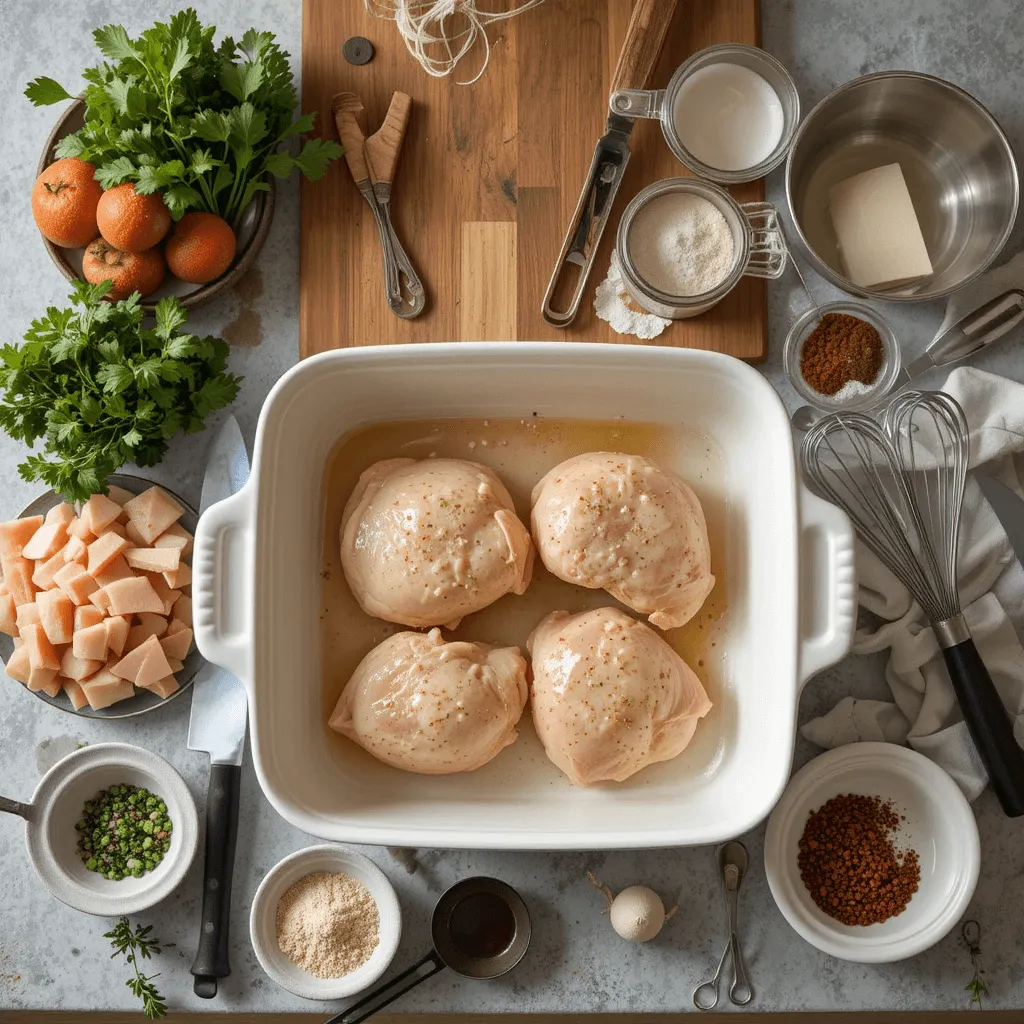 Essential kitchen tools for making a perfect chicken thigh casserole, including a baking dish, knife, cutting board, and fresh ingredients on a countertop.