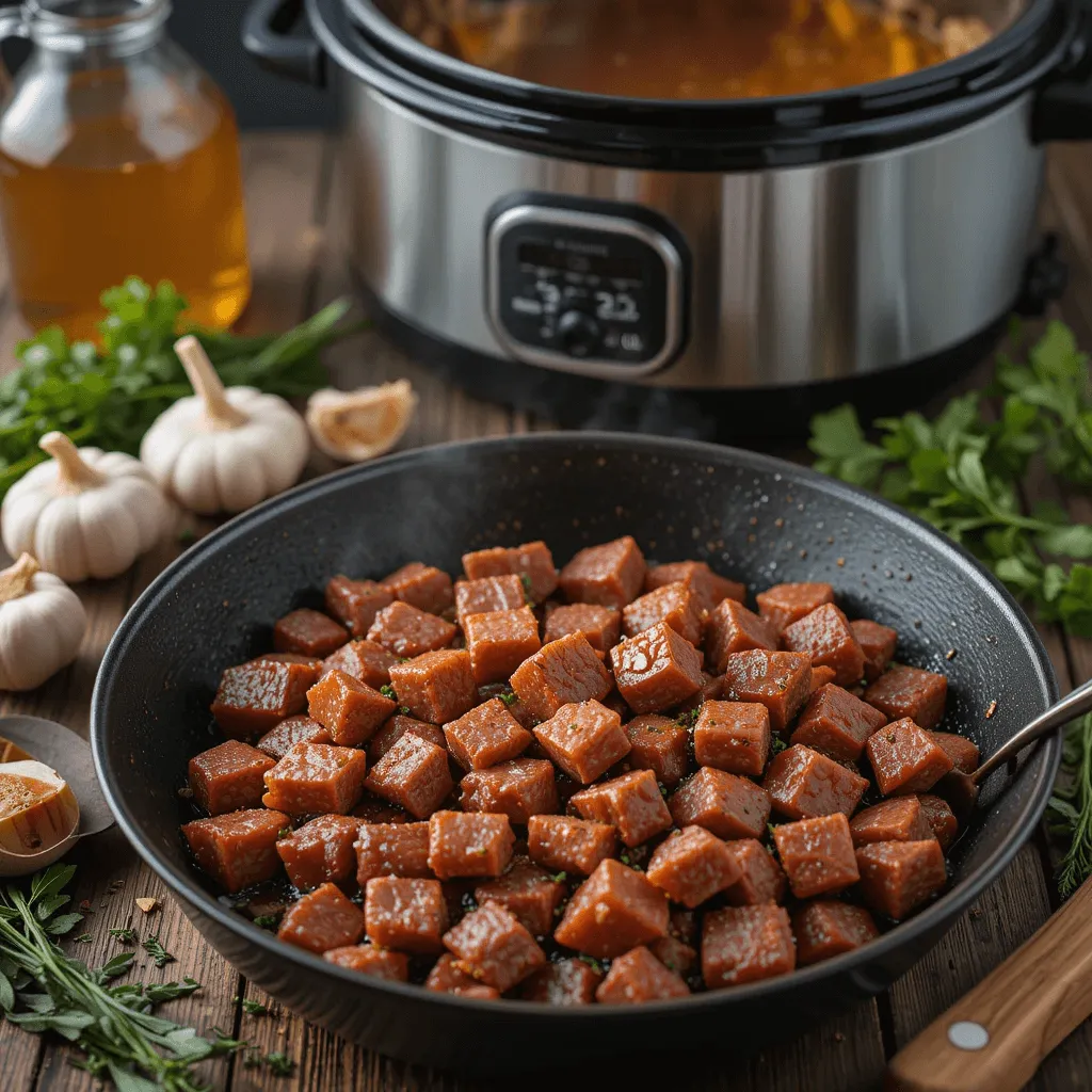 Browning diced beef in a pan with fresh herbs and garlic, demonstrating the technique for achieving tender slow-cooked beef.