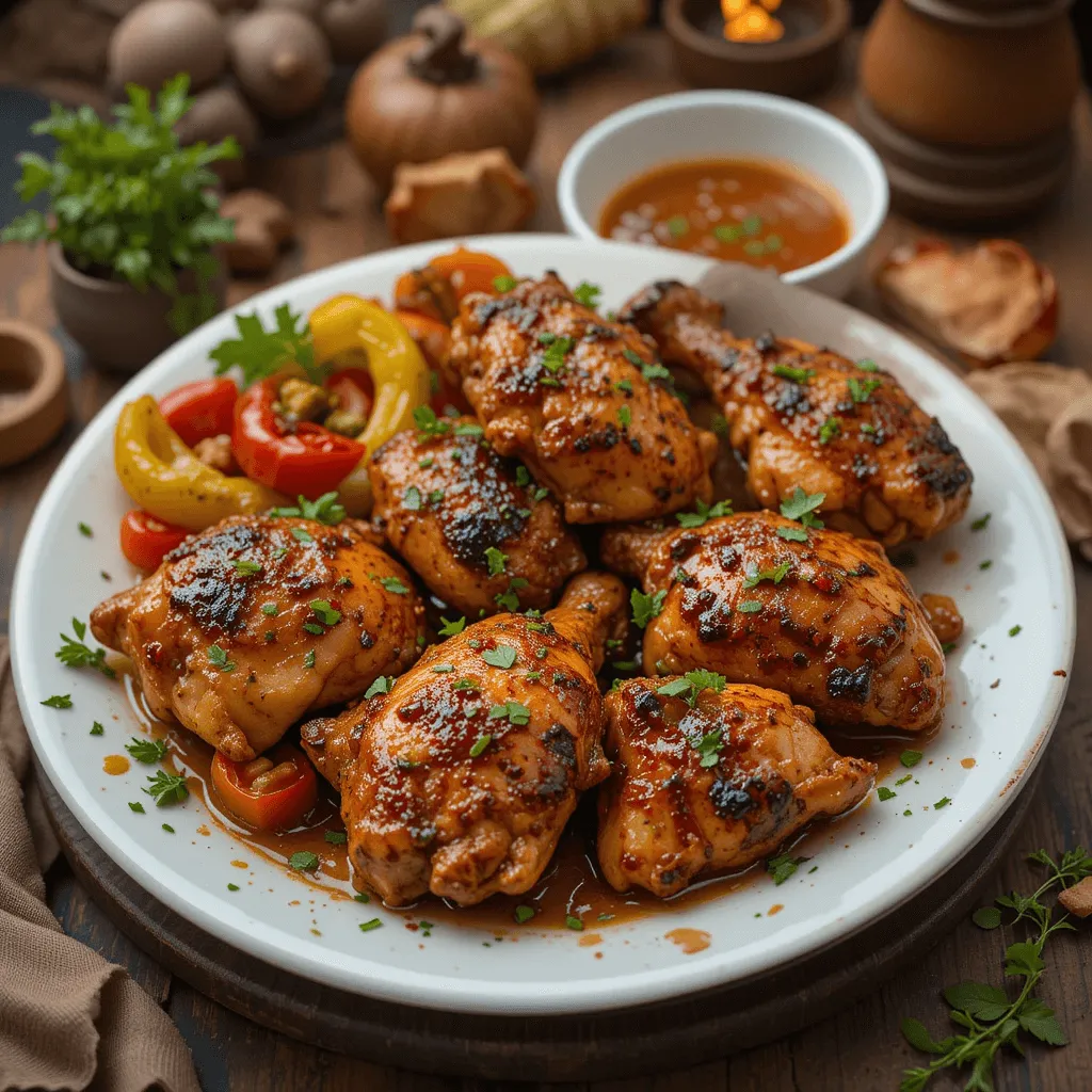  A platter of marinated chicken thighs, grilled, roasted, and garnished with fresh herbs and vegetables.