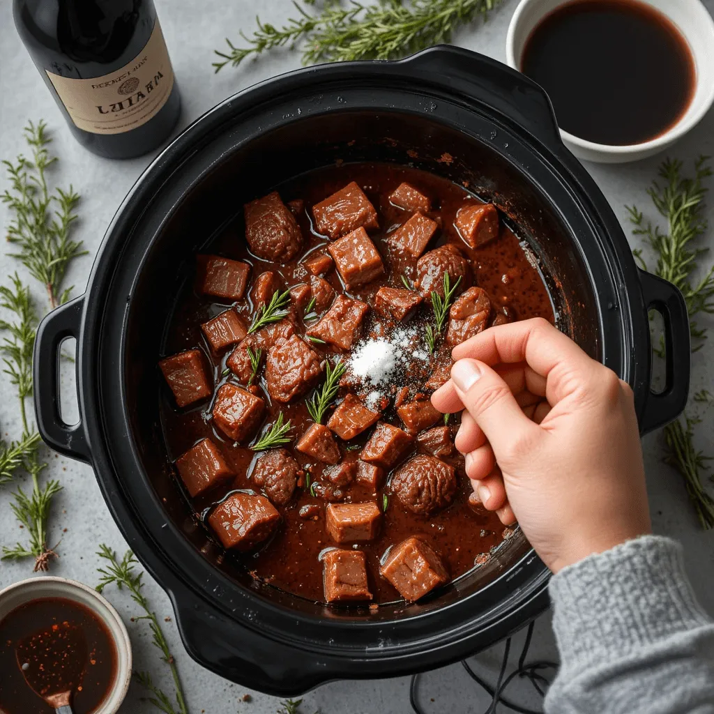 Slow cooker filled with beef stew, enhanced with fresh herbs like thyme and rosemary, and red wine and beef stock for rich flavor, with seasonings like salt and pepper.