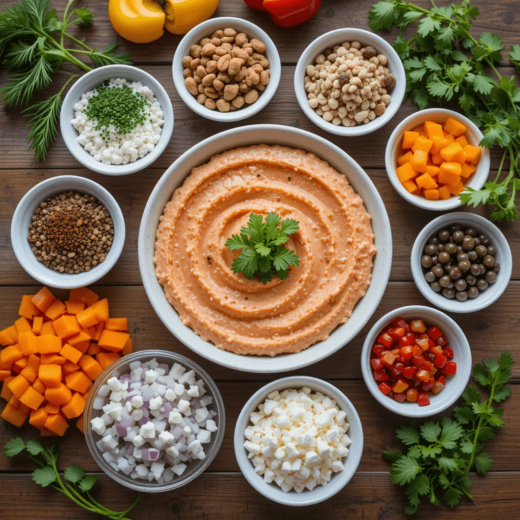 Smoked salmon dip with flavor variations like dill, paprika, chopped nuts, crumbled feta, and diced bell peppers, showing endless customization options.