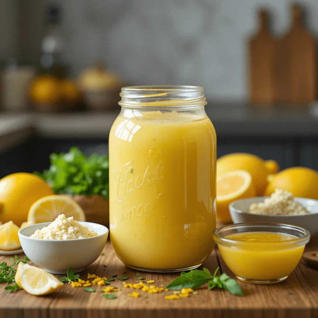 Various lemon sauce variations in small bowls, including lemon slices, herbs, zest, creamy sauce, and olive oil, with a large jar of glossy lemon sauce in the center.