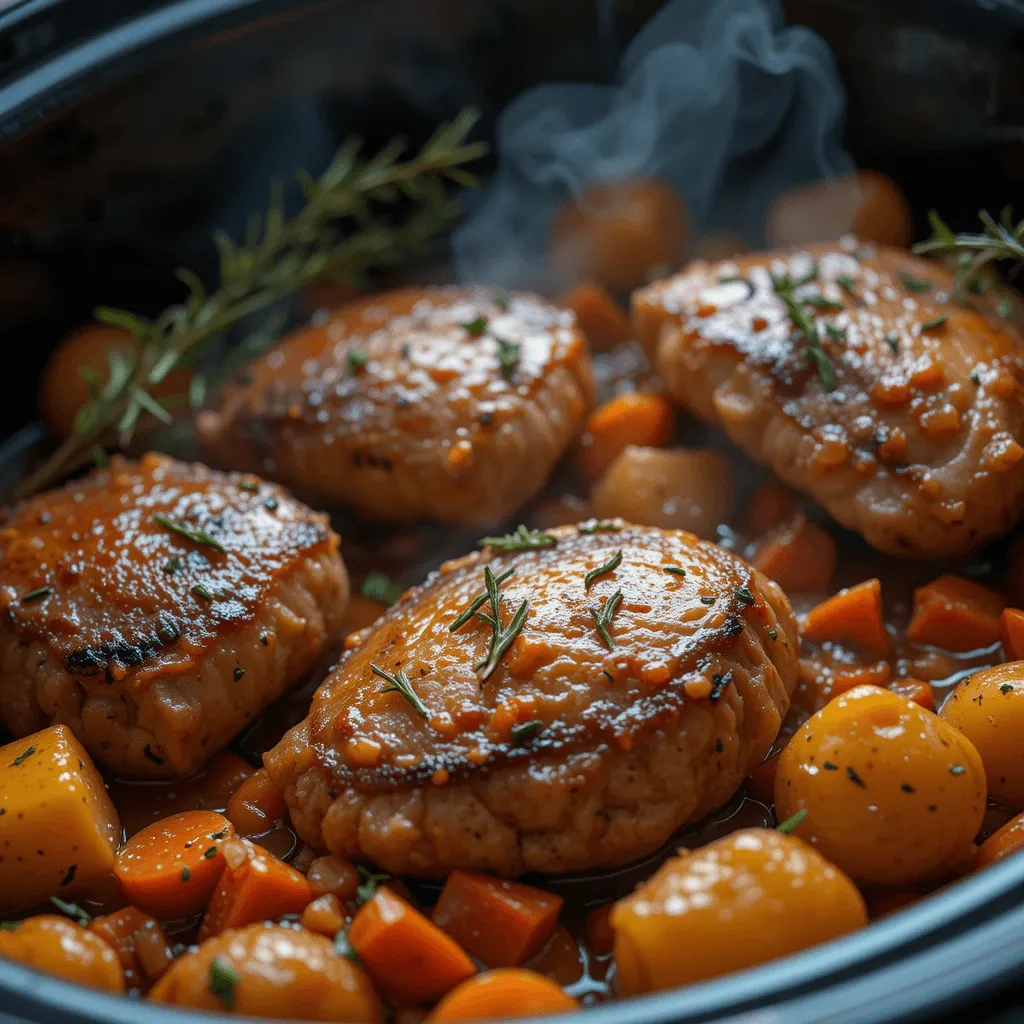 Slow cooker chicken breasts with golden roasted potatoes, fresh rosemary and thyme, colorful bell peppers and carrots in a rich, savory sauce.