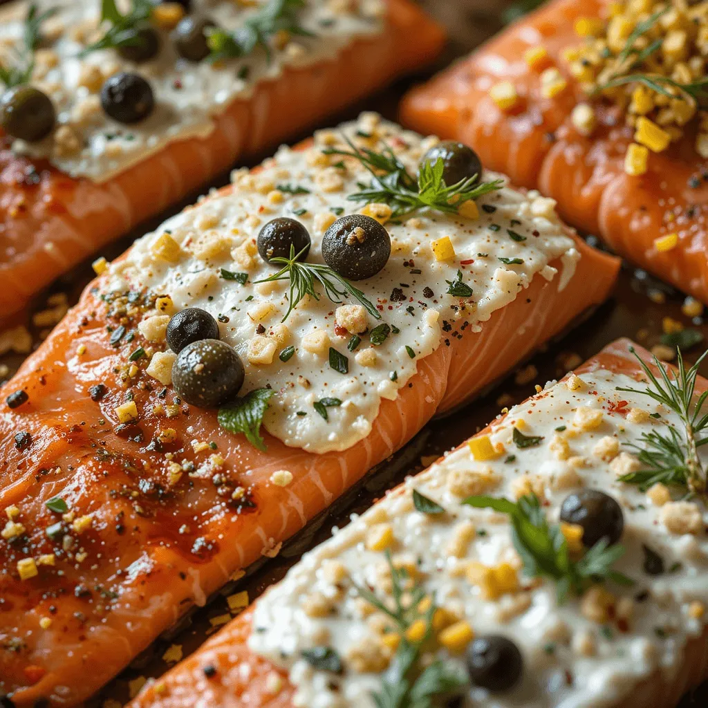 Salmon fillets with cream cheese, seasoned with smoked paprika, herbs, lemon zest, and capers.