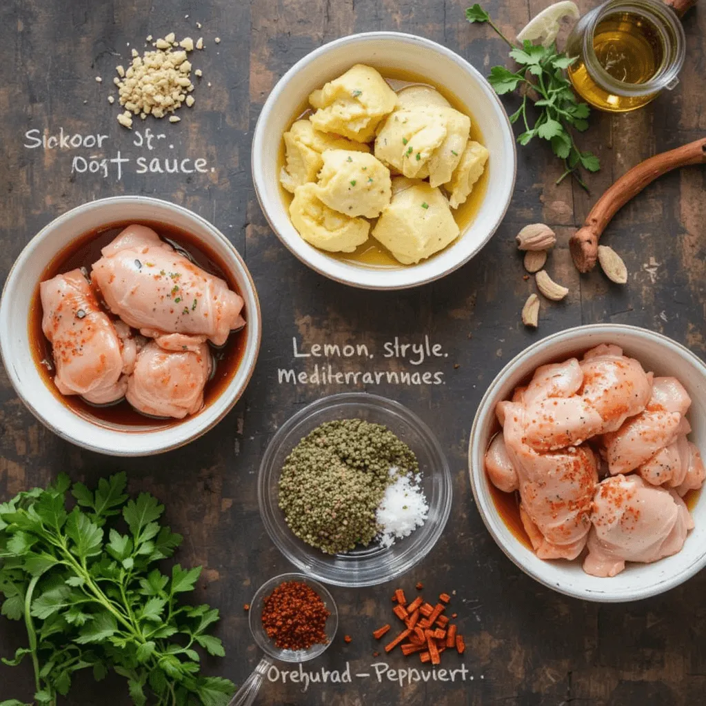 Three flavor variations for marinated chicken thighs: Asian-style with soy sauce and ginger, Mediterranean-style with lemon and oregano, and spicy with cayenne pepper and chili flakes.