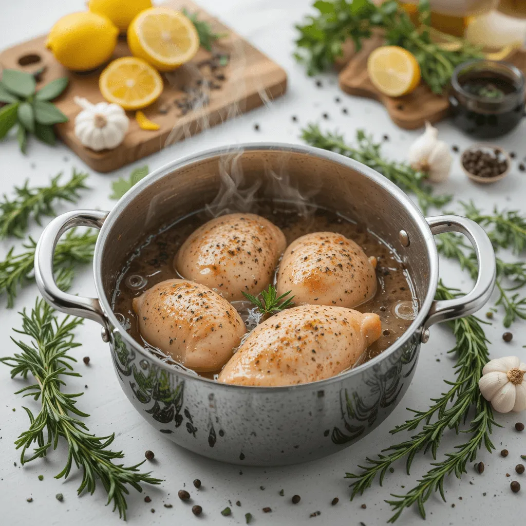 A pot of boiling chicken breasts surrounded by fresh herbs like rosemary, thyme, garlic, and peppercorns. Steam rises from the pot, with lemon slices and olive oil in the background.