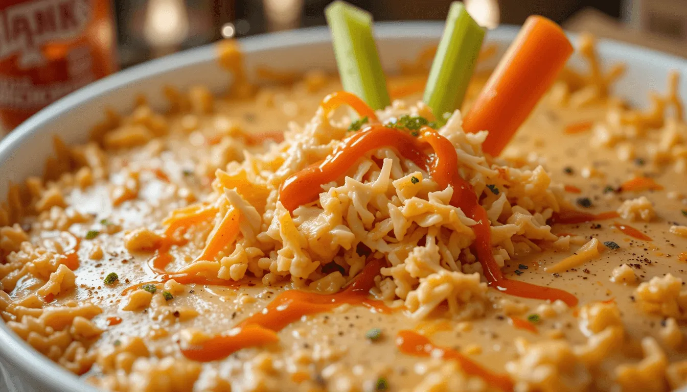 Buffalo chicken dip made with Frank's RedHot sauce, shredded chicken, melted cheese, and spices, served in a white baking dish with celery and carrots.