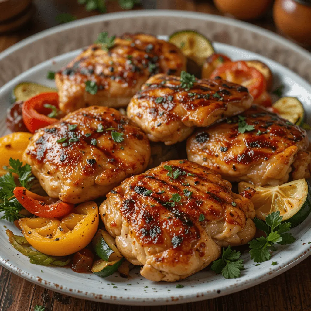 A plated dish of grilled skinless boneless chicken thighs with a caramelized glaze, surrounded by grilled bell peppers and zucchini, garnished with fresh herbs on a rustic wooden table.