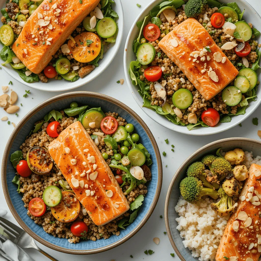 Healthy salmon bowls with quinoa, mixed greens, and roasted vegetables, offering nutritious and delicious meal choices