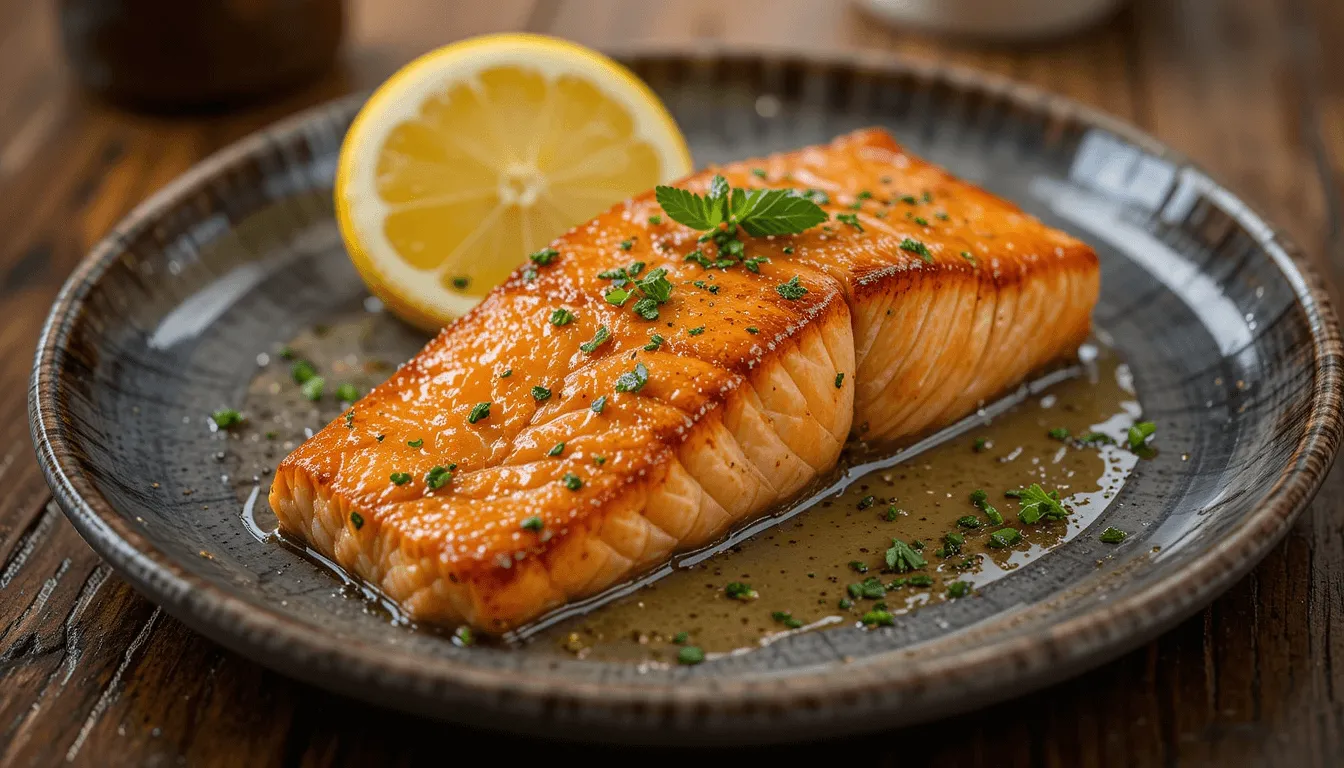 Honey garlic glazed salmon with fresh herbs and lemon, served elegantly on a plate.