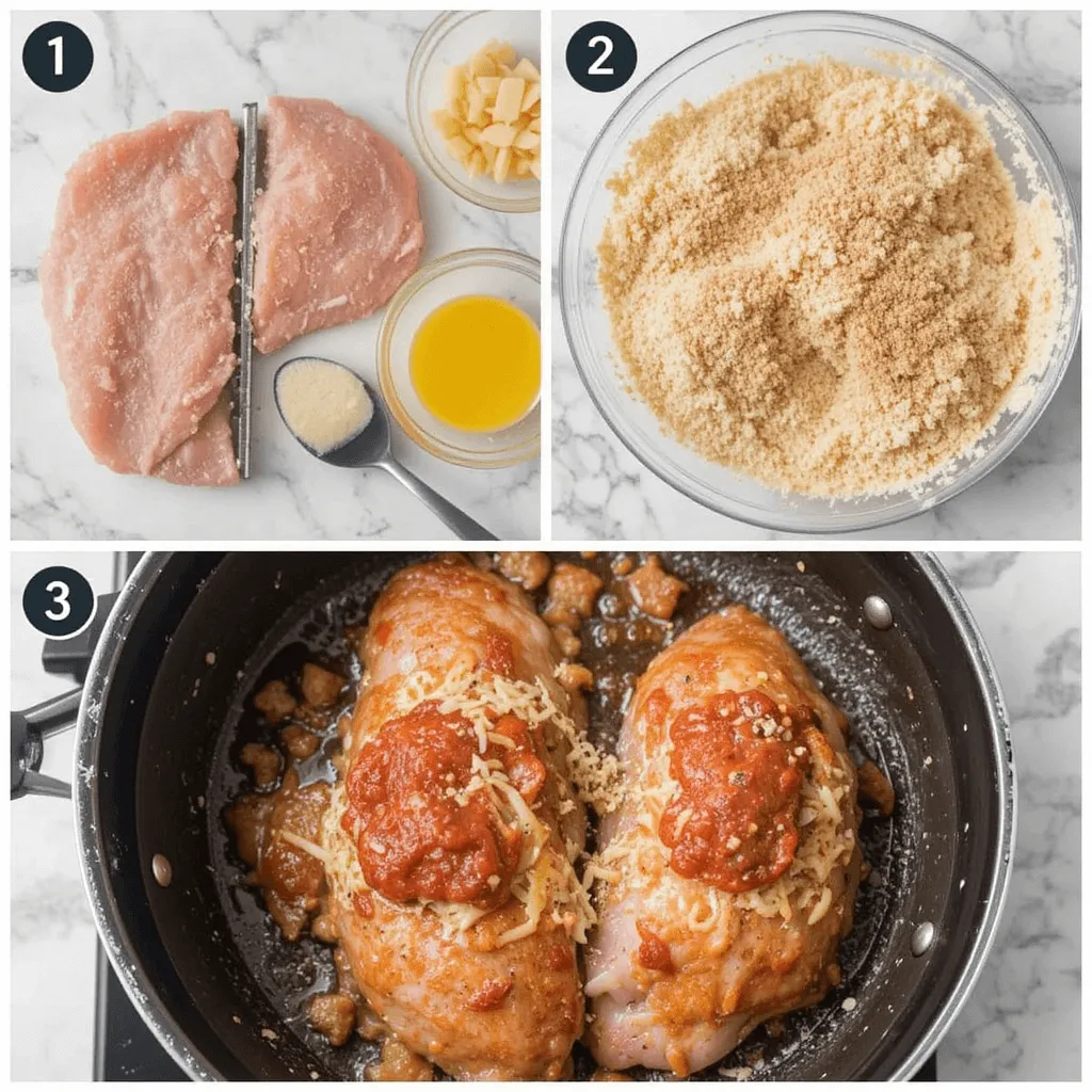 Step-by-step process of making parmesan chicken, from breading to frying and baking with marinara sauce and cheese.