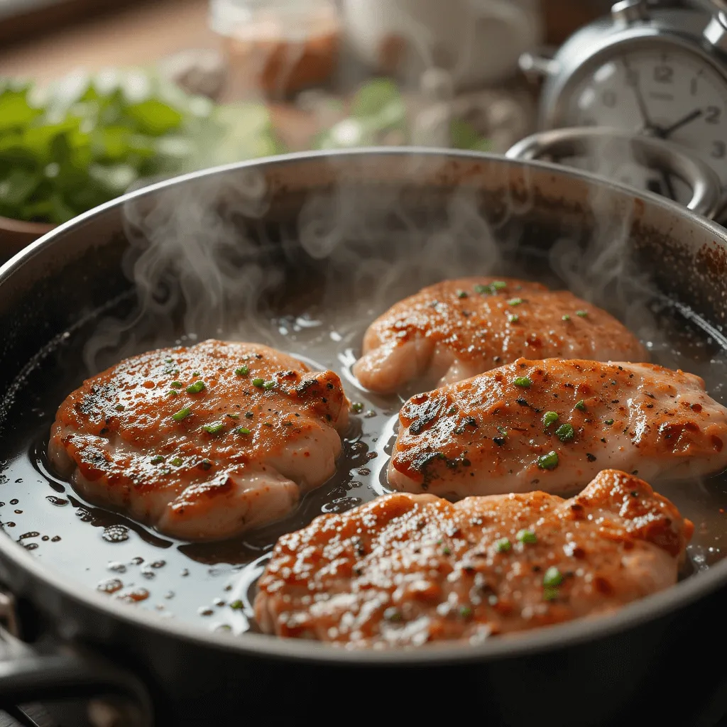 A kitchen counter with a cutting board showing different sizes of chicken breasts (small, medium, large), along with a meat thermometer indicating the correct internal temperature for safe cooking.