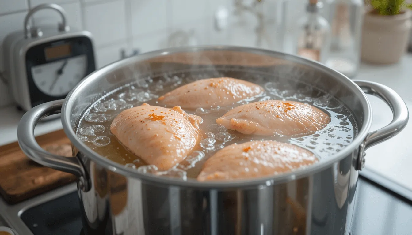 A simple and clean image of a large pot filled with boiling water and chicken breasts, with a timer beside it showing the ideal cooking time.