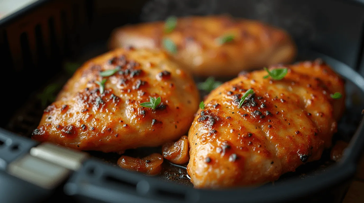 Perfectly cooked golden-brown chicken breast inside an air fryer, with a crispy outer layer and juicy inside, garnished with fresh herbs.