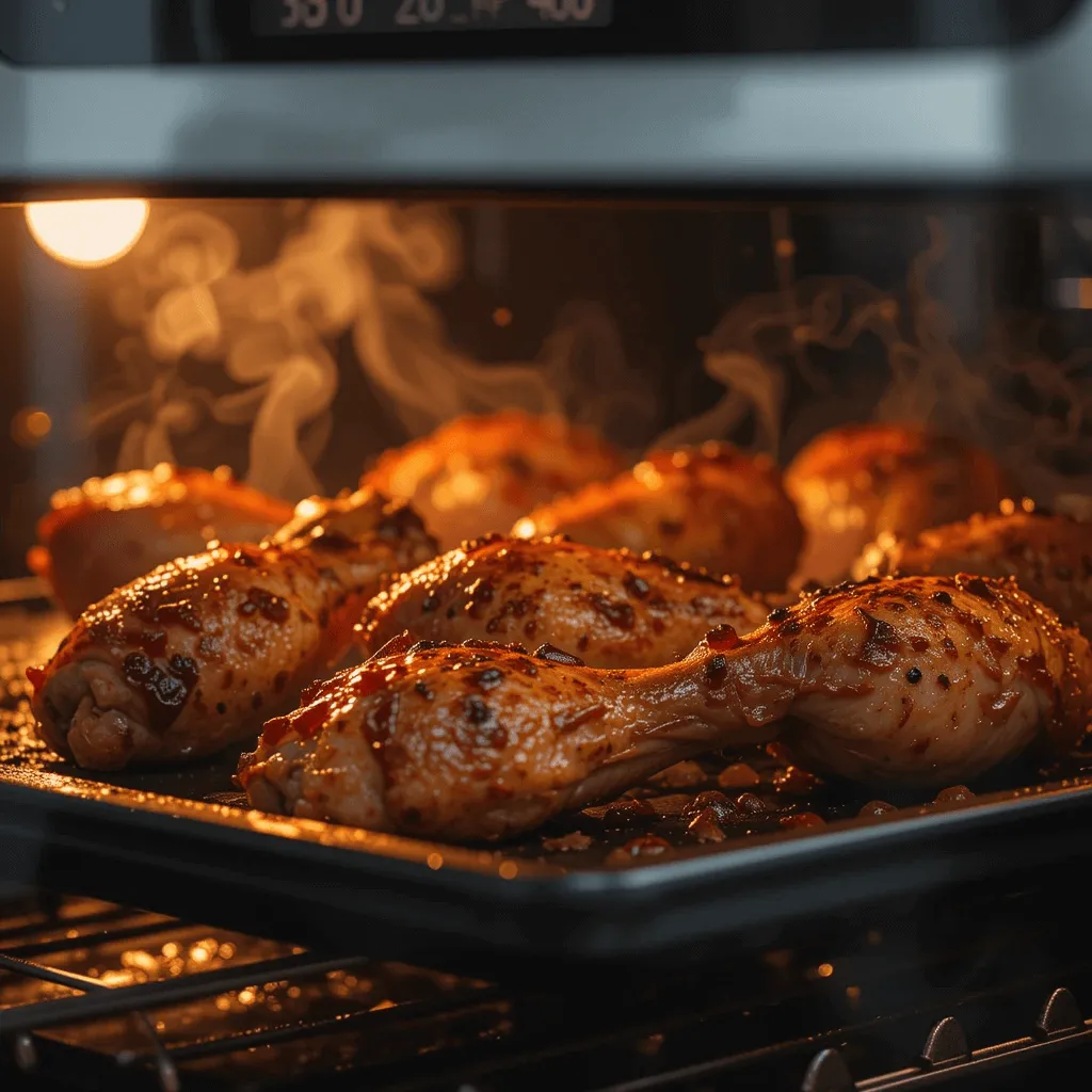 Oven with chicken drumsticks at different cooking temperatures, showing crispy and juicy textures.