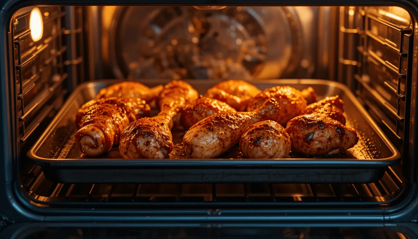 Golden-brown chicken drumsticks baking in an oven, sizzling with crispy skin and juicy interiors.