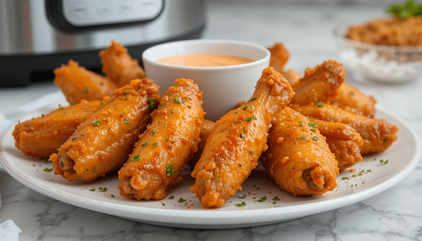 Crispy chicken wings cooked in a Ninja Air Fryer, showcasing golden skin and juicy meat, with dipping sauce on the side.