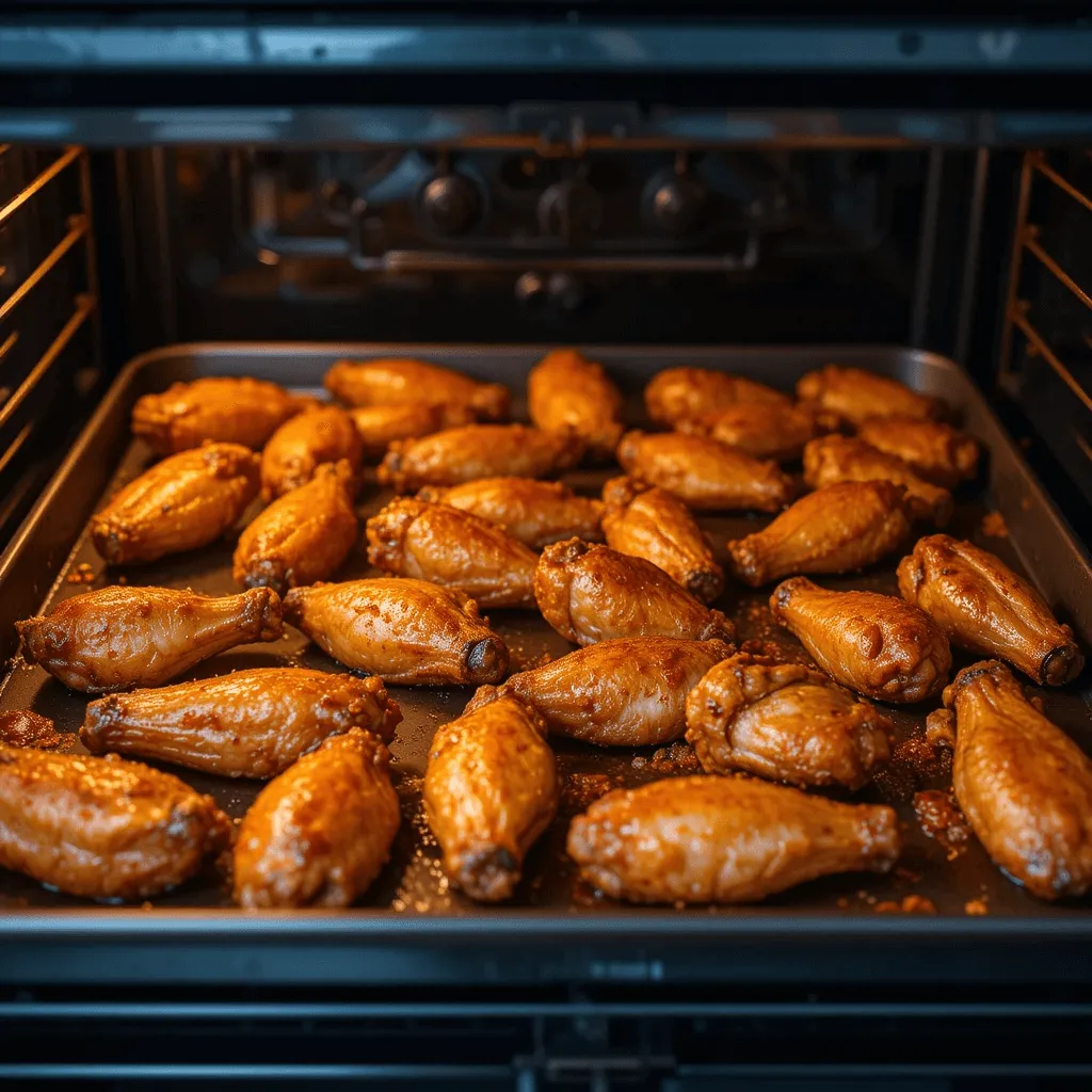 Golden brown chicken wings in varying sizes, perfectly baked at 400°F (200°C), with a thermometer indicating the correct temperature.