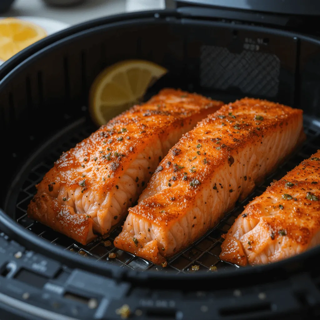 Perfectly cooked salmon in an air fryer with a golden crust and flaky texture.