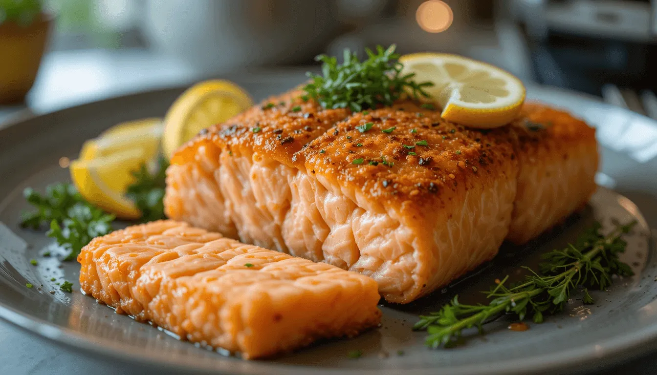 Perfectly cooked air-fried salmon with a crispy golden crust, garnished with lemon and fresh herbs.