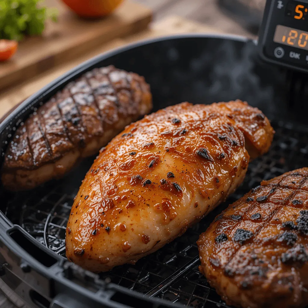 A meat thermometer reading 165°F inserted into a perfectly cooked chicken breast, with clear juices and a golden-brown exterior.