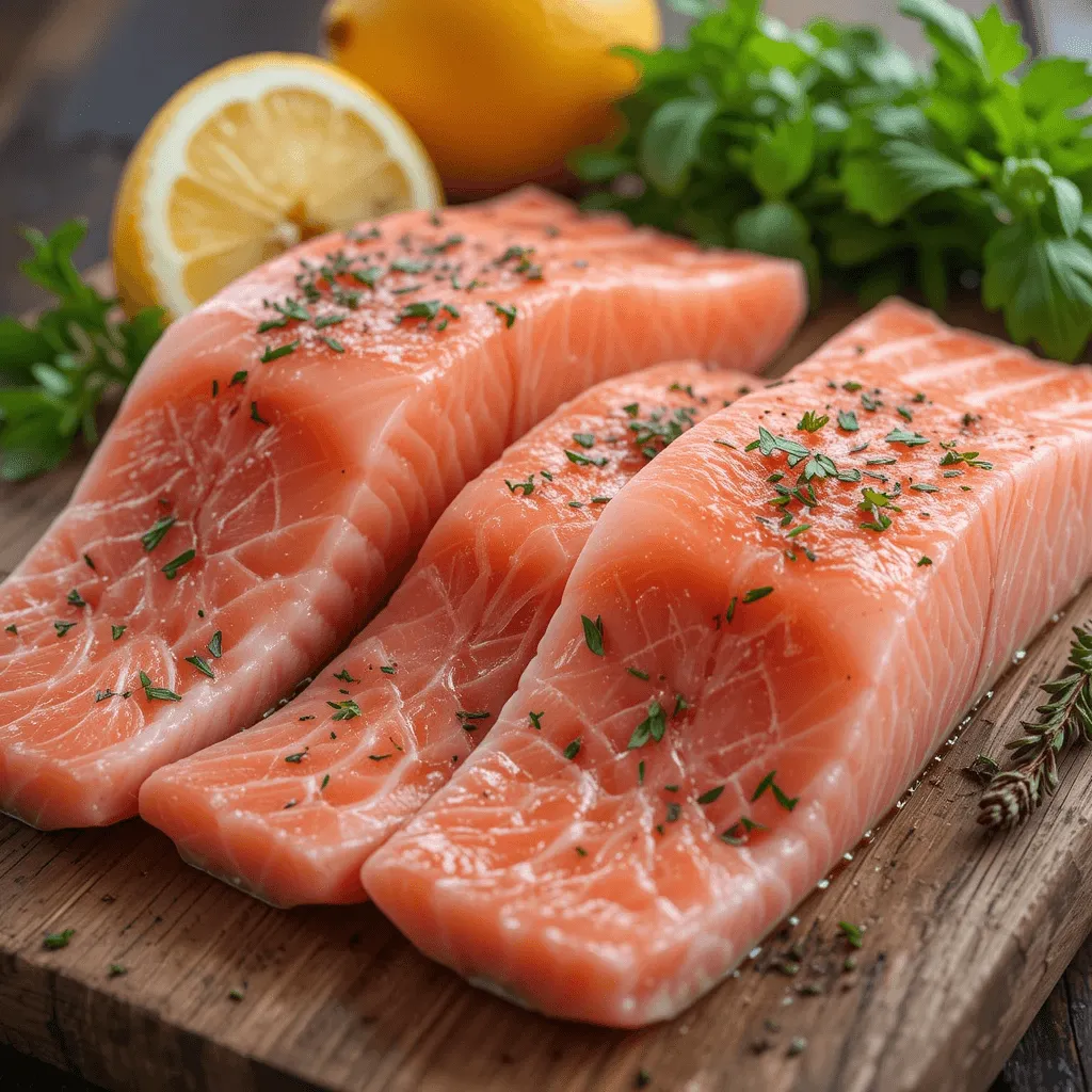 Fresh salmon fillets on a rustic wooden cutting board, with bright, clear eyes and scales, surrounded by fresh herbs and citrus.