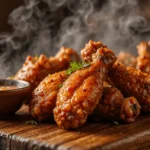 Perfectly baked crispy chicken wings fresh out of the oven, served with dipping sauce and fresh herbs.