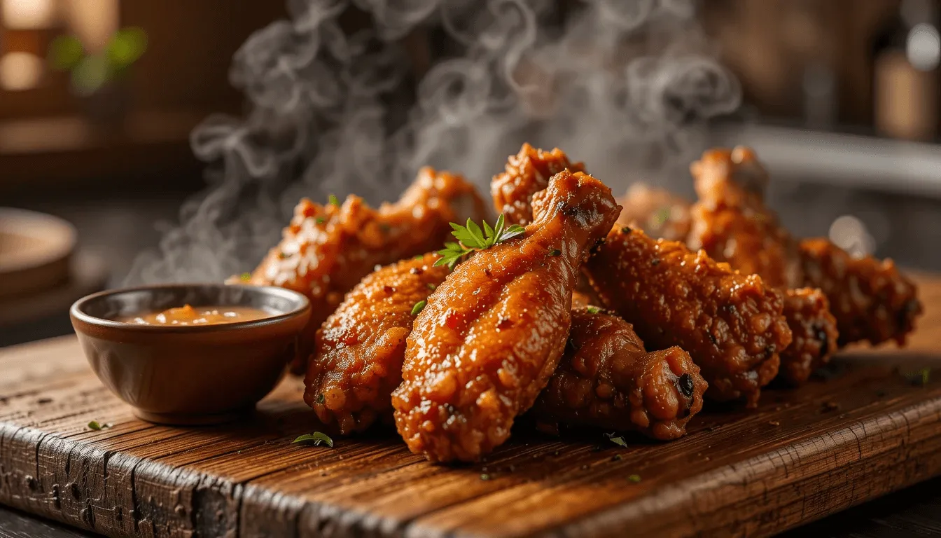 Perfectly baked crispy chicken wings fresh out of the oven, served with dipping sauce and fresh herbs.