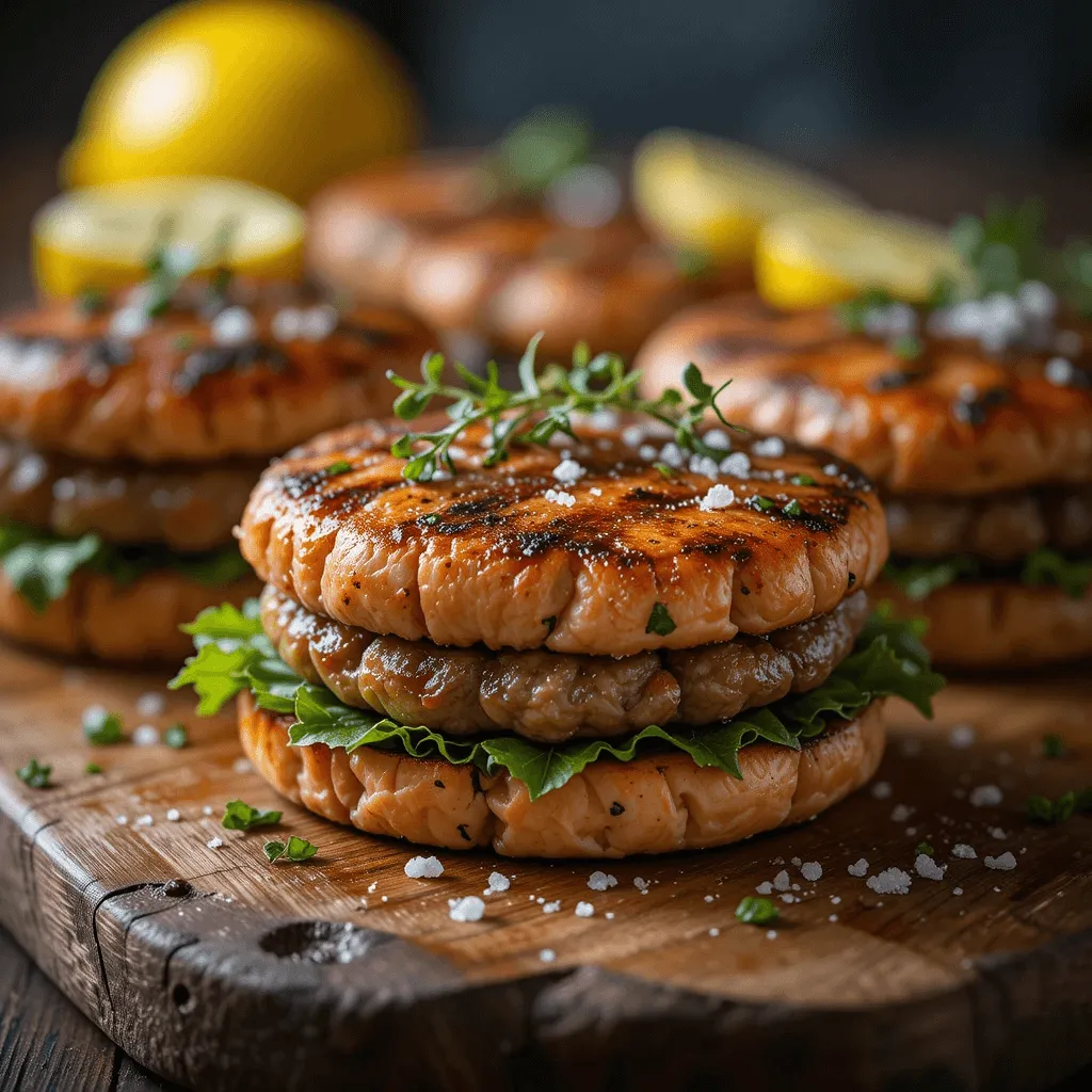 Freshly grilled salmon burgers with a golden-brown crust, flaky interior, garnished with herbs, lemon, and sea salt, resting on a wooden cutting board.