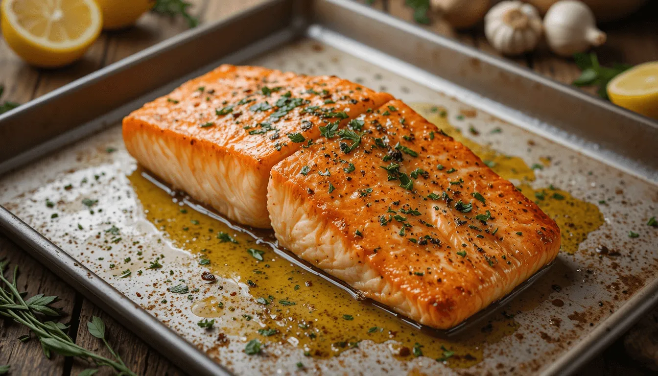 Perfectly cooked oven-baked salmon fillet with dill and lemon on a rustic kitchen table, conveying a healthy, delicious meal.