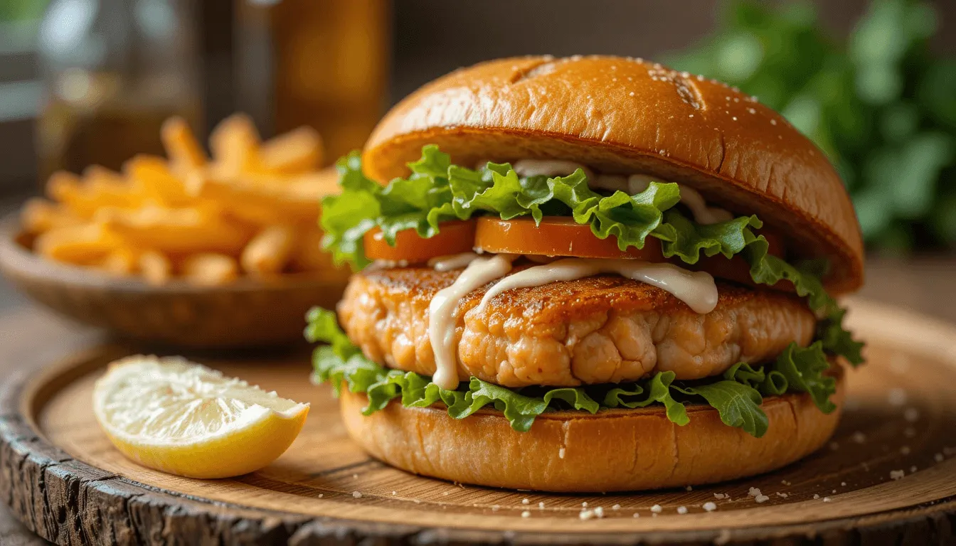 A perfectly cooked salmon burger on a toasted bun, topped with fresh lettuce, tomato, and sauce, with crispy fries and a lemon wedge on the side.