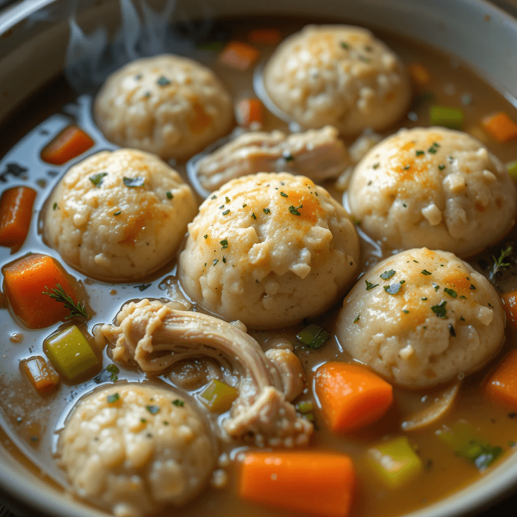 Dumplings being dropped into simmering chicken soup, evenly spaced in the rich broth, with steam rising from the pot in a cozy kitchen setting.