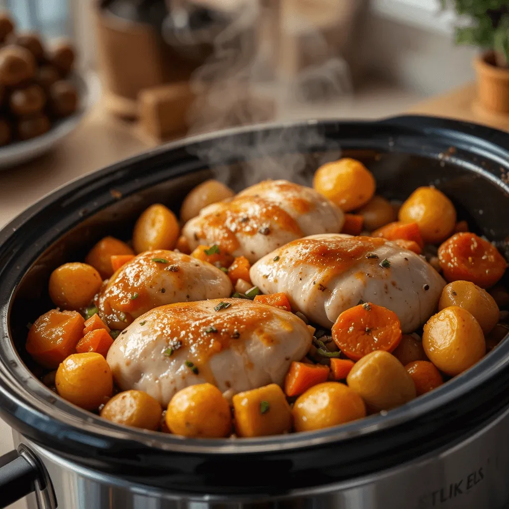 Slow cooker chicken breast with potatoes, carrots, and bell peppers, creating a tender and flavorful meal with steam rising from the lid.