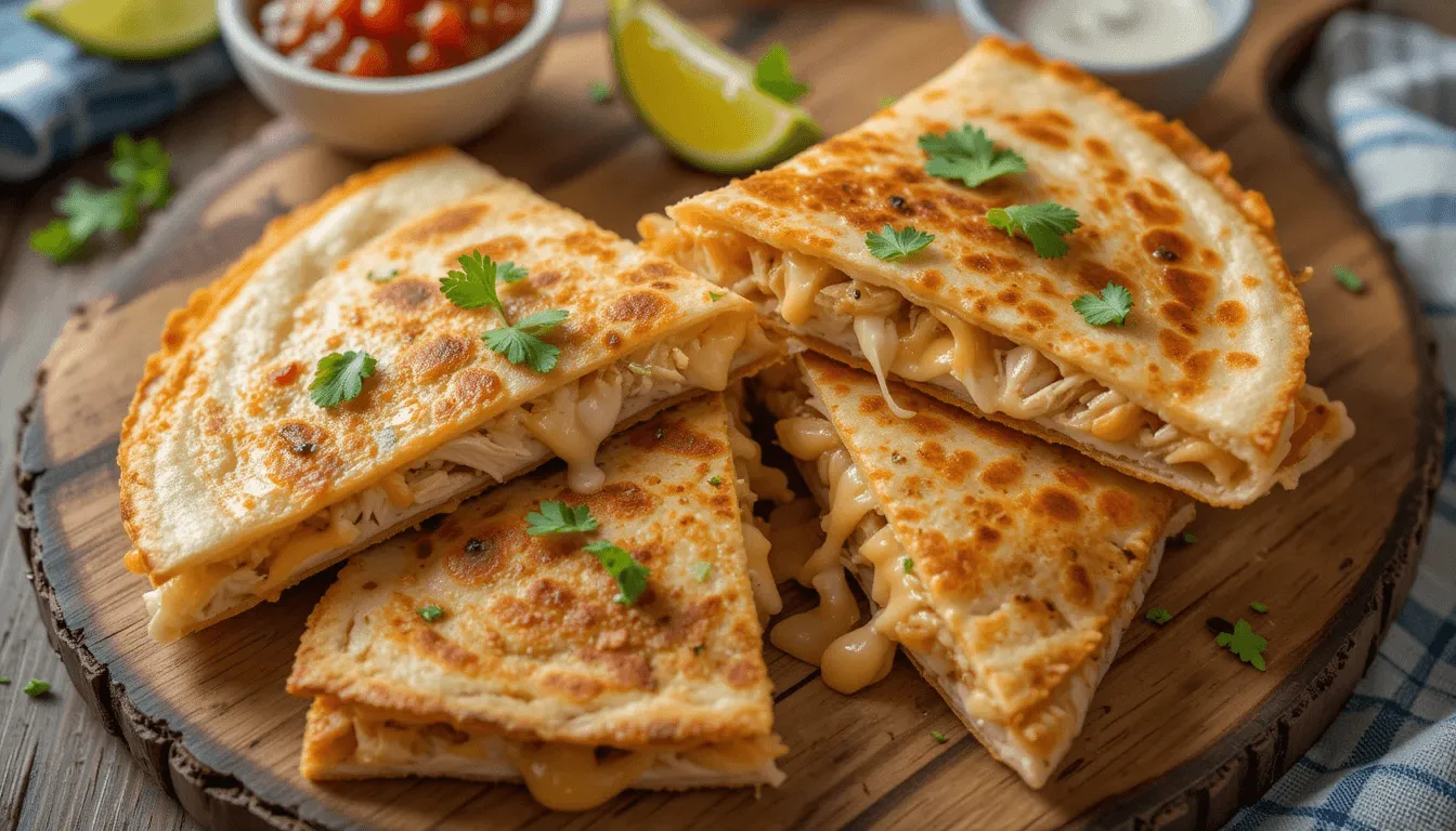 Golden crispy chicken quesadilla slices filled with melted cheese and tender chicken, garnished with cilantro and lime, served with salsa and sour cream.